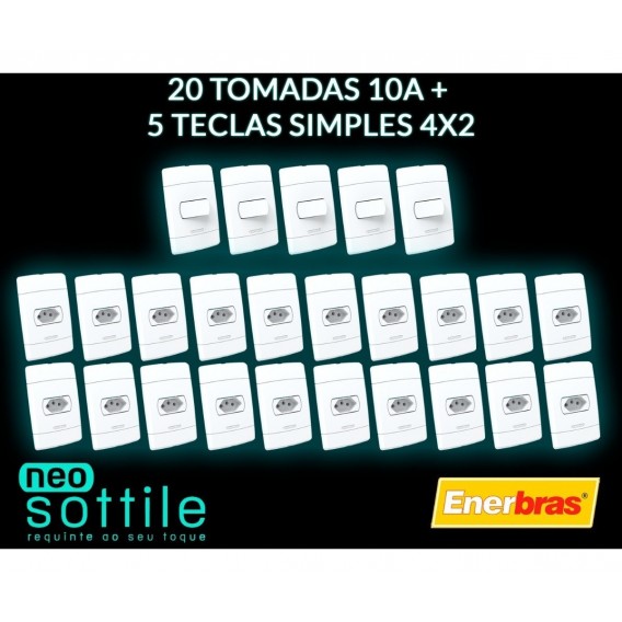 Kit 25 Peças - 20 Tomadas 10A + 5 Interruptores simples 4x2 - Enerbras Neo Sottile