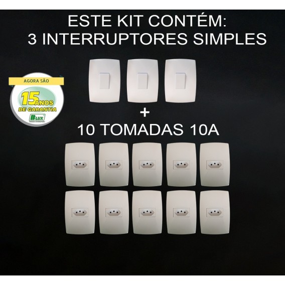 Kit 10 Tomadas 10A + 3 Interruptores Simples - Modular - (HOME BRANCA)