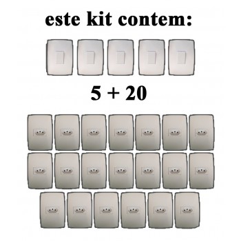 Kit 25 peças - 20 Tomadas 20A + 5 Interruptores Simples - (HOME BRANCA)