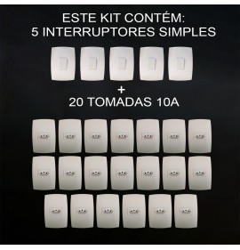 Kit 20 Tomadas 10A + 5 Interruptores Simples - Modular Casa Completa - (HOME BRANCA)