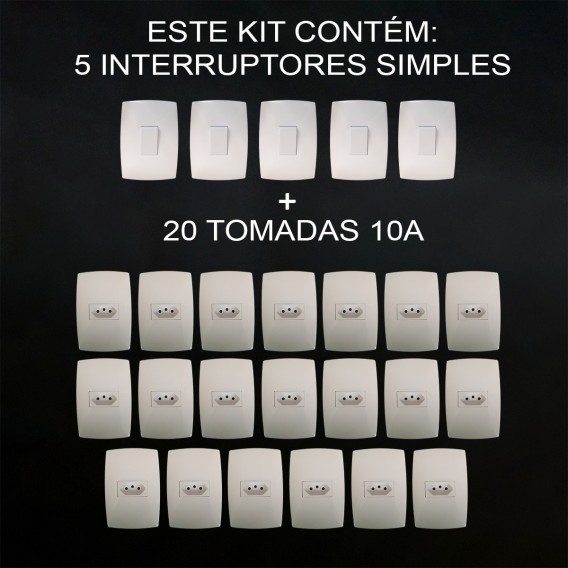 Kit 20 Tomadas 10A + 5 Interruptores Simples - Modular Casa Completa - (HOME BRANCA)