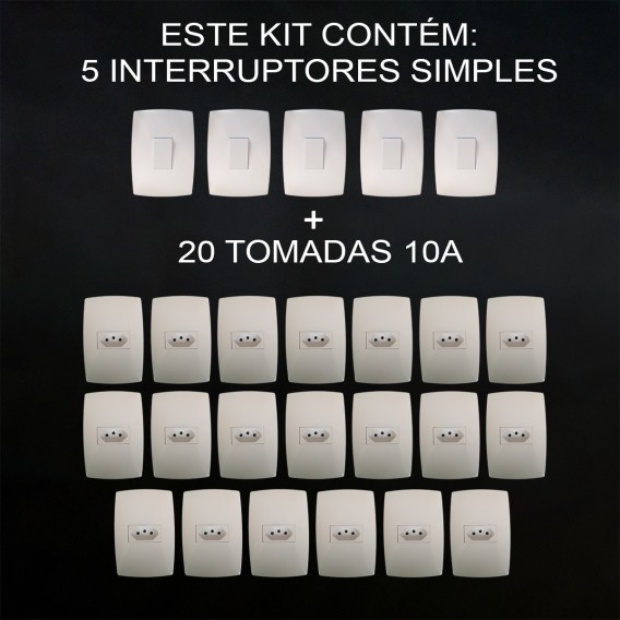 Kit 20 Tomadas 10A + 5 Interruptores Simples - Modular Casa Completa - (HOME BRANCA) Kit 20 Tomadas 10A + 5 Interruptores Simples - Modular Casa Completa - (HOME BRANCA)